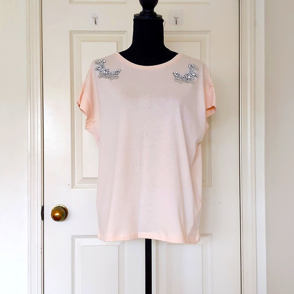 NWT. Zara 100% Cotton Loose Fit Short Sleeve Blouse w/crystals & sparkling decor